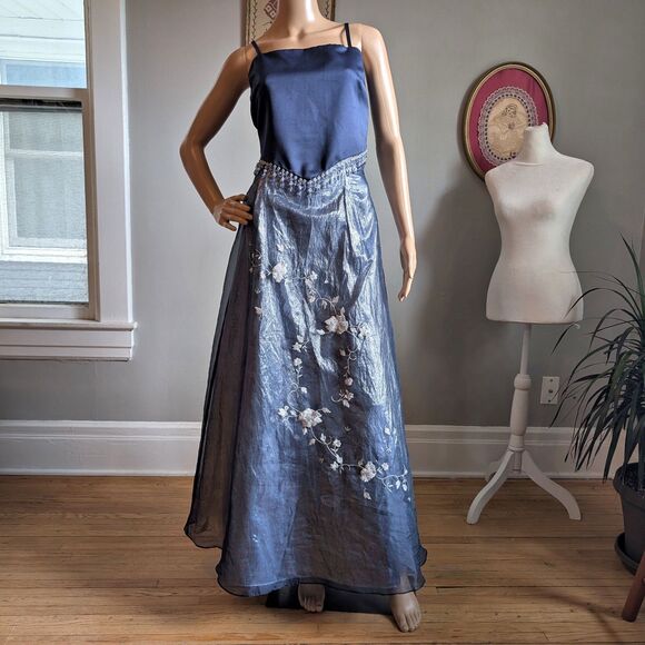 Vintage 90s y2k Scene Prom Gown Blue Floral Embroidery Beaded Fringe Size 9/10 - Picture 17 of 17